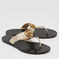 Gucci Gold Foil Leather GG Thong Flats Size 37