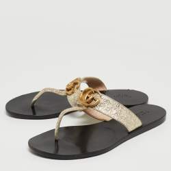 Gucci Gold Foil Leather GG Thong Flats Size 37
