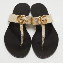 Gucci Gold Foil Leather GG Thong Flats Size 37