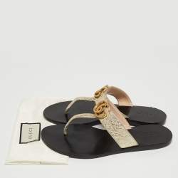 Gucci Gold Foil Leather GG Thong Flats Size 37