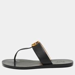 Pre Owned Gucci Black Leather GG Thong Flats Size 37