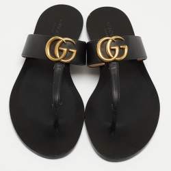 Pre Owned Gucci Black Leather GG Thong Flats Size 37