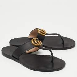 Pre Owned Gucci Black Leather GG Thong Flats Size 37