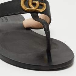 Pre Owned Gucci Black Leather GG Thong Flats Size 37