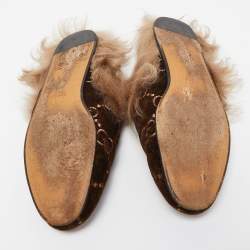 Pre Owned Gucci Brown GG Velvet and Fur Lined Princetown Flat Mules Size 37