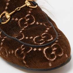 Pre Owned Gucci Brown GG Velvet and Fur Lined Princetown Flat Mules Size 37