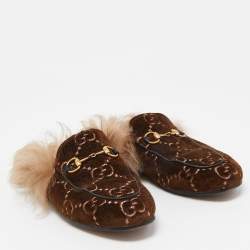 Pre Owned Gucci Brown GG Velvet and Fur Lined Princetown Flat Mules Size 37