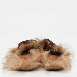Pre Owned Gucci Brown GG Velvet and Fur Lined Princetown Flat Mules Size 37