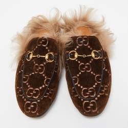 Pre Owned Gucci Brown GG Velvet and Fur Lined Princetown Flat Mules Size 37