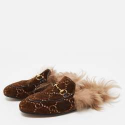 Pre Owned Gucci Brown GG Velvet and Fur Lined Princetown Flat Mules Size 37