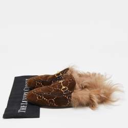 Pre Owned Gucci Brown GG Velvet and Fur Lined Princetown Flat Mules Size 37