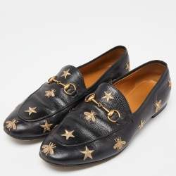 Pre Owned Gucci Black Leather Jordaan Embroidered Bee Horsebit Slip On Loafers Size 40