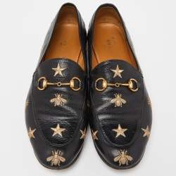 Pre Owned Gucci Black Leather Jordaan Embroidered Bee Horsebit Slip On Loafers Size 40
