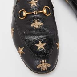 Pre Owned Gucci Black Leather Jordaan Embroidered Bee Horsebit Slip On Loafers Size 40