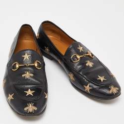 Pre Owned Gucci Black Leather Jordaan Embroidered Bee Horsebit Slip On Loafers Size 40