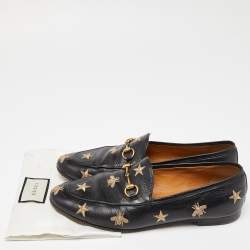 Pre Owned Gucci Black Leather Jordaan Embroidered Bee Horsebit Slip On Loafers Size 40
