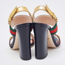 Gucci Gold Leather and Canvas Web Slingback Sandals Size 36