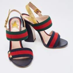 Gucci Gold Leather and Canvas Web Slingback Sandals Size 36