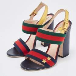 Gucci Gold Leather and Canvas Web Slingback Sandals Size 36