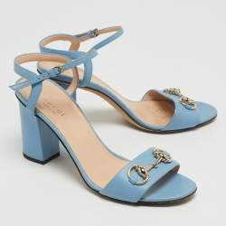 Gucci Blue Leather Horsebit Ankle Strap Sandals Size 37.5