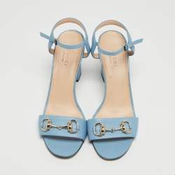 Gucci Blue Leather Horsebit Ankle Strap Sandals Size 37.5