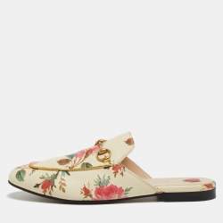 Gucci Cream Floral Print Leather Princetown Flat Mules Size 39.5