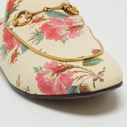 Pre Owned Gucci Cream Floral Print Leather Princetown Flat Mules Size 39.5