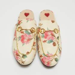 Pre Owned Gucci Cream Floral Print Leather Princetown Flat Mules Size 39.5