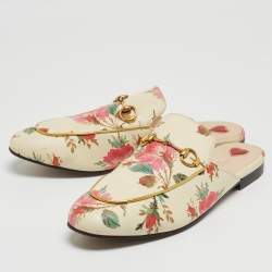 Pre Owned Gucci Cream Floral Print Leather Princetown Flat Mules Size 39.5