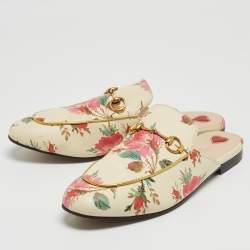 Gucci Cream Floral Print Leather Princetown Flat Mules Size 39.5