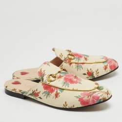 Pre Owned Gucci Cream Floral Print Leather Princetown Flat Mules Size 39.5