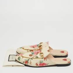 Pre Owned Gucci Cream Floral Print Leather Princetown Flat Mules Size 39.5