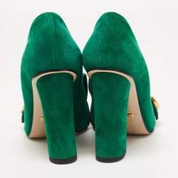 Pre Owned Gucci Green Suede GG Marmont Fringe Pumps Size 36.5