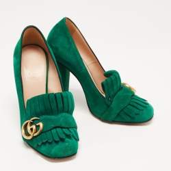Pre Owned Gucci Green Suede GG Marmont Fringe Pumps Size 36.5