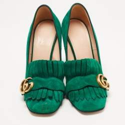 Pre Owned Gucci Green Suede GG Marmont Fringe Pumps Size 36.5