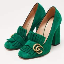 Pre Owned Gucci Green Suede GG Marmont Fringe Pumps Size 36.5