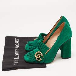 Pre Owned Gucci Green Suede GG Marmont Fringe Pumps Size 36.5