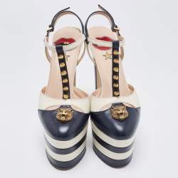 مملوكة مسبقًا Gucci Navy Blue/White Leather Studded Angel Platform Pumps Size 36.5