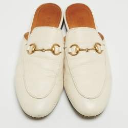 Gucci Off White Leather Horsebit Flat Mules Size 36.5