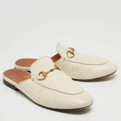 Gucci Off White Leather Horsebit Flat Mules Size 36.5
