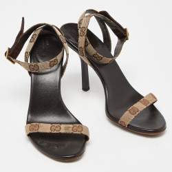 Pre Owned Gucci Brown/Beige GG Canvas Ankle Strap Sandals Size 37
