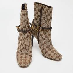Pre Owned Gucci Beige/Brown GG Canvas Horsebit Chain Ankle Booties Size 36.5 
