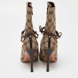 Pre Owned Gucci Beige/Brown GG Canvas Horsebit Chain Ankle Booties Size 36.5 