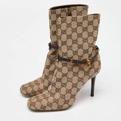 Pre Owned Gucci Beige/Brown GG Canvas Horsebit Chain Ankle Booties Size 36.5 