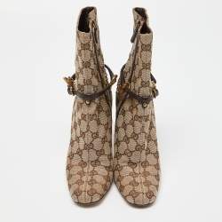 Pre Owned Gucci Beige/Brown GG Canvas Horsebit Chain Ankle Booties Size 36.5 