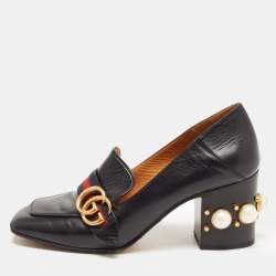 Pre Owned Gucci Black Leather Pearl Embellished Double G Web Mid Heel Loafer Pumps Size 38