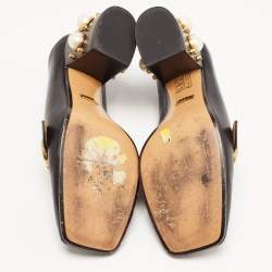 Pre Owned Gucci Black Leather Pearl Embellished Double G Web Mid Heel Loafer Pumps Size 38