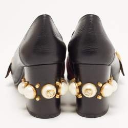 Pre Owned Gucci Black Leather Pearl Embellished Double G Web Mid Heel Loafer Pumps Size 38