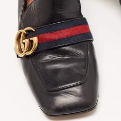 Pre Owned Gucci Black Leather Pearl Embellished Double G Web Mid Heel Loafer Pumps Size 38