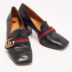 Pre Owned Gucci Black Leather Pearl Embellished Double G Web Mid Heel Loafer Pumps Size 38